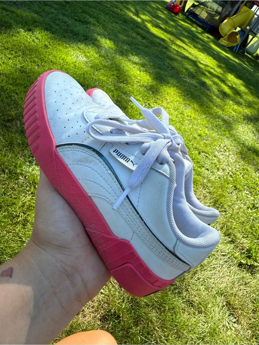 PUMA girls White Sneakers with Pink Platform Sole